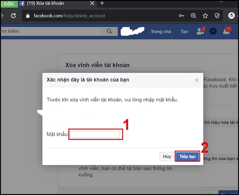 Xoá tài khoản facebook