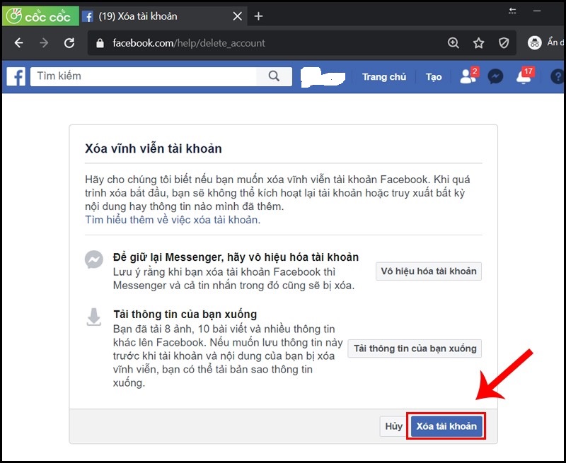 Xoá tài khoản facebook