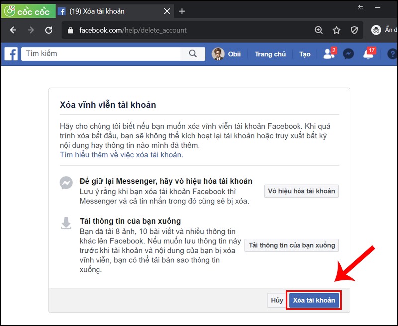 Xoá tài khoản facebook
