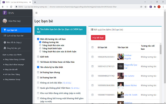 lọc bạn bè không tương tác