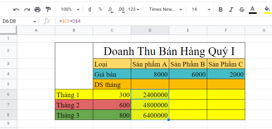 cố định công thức trong google sheet