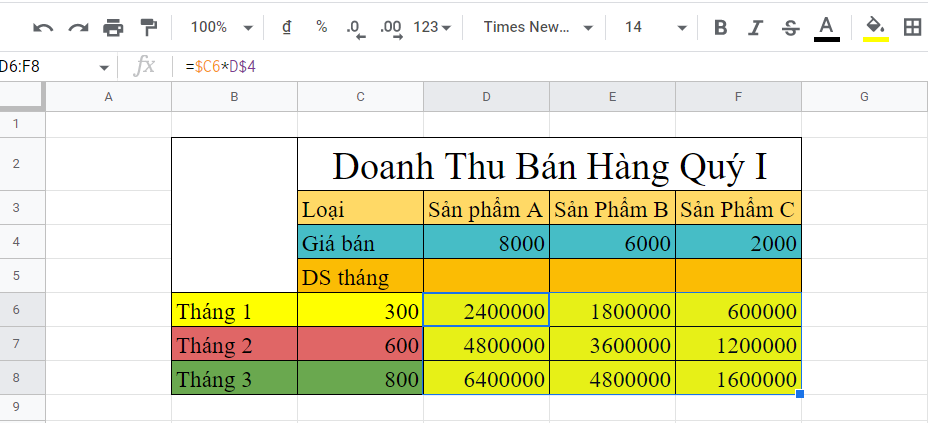 cố định công thức trong google sheet