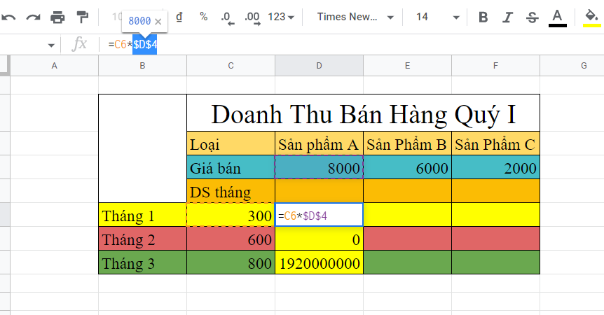 cố định công thức trong google sheet
