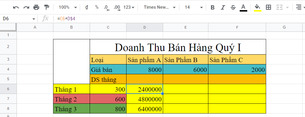 cố định công thức trong google sheet