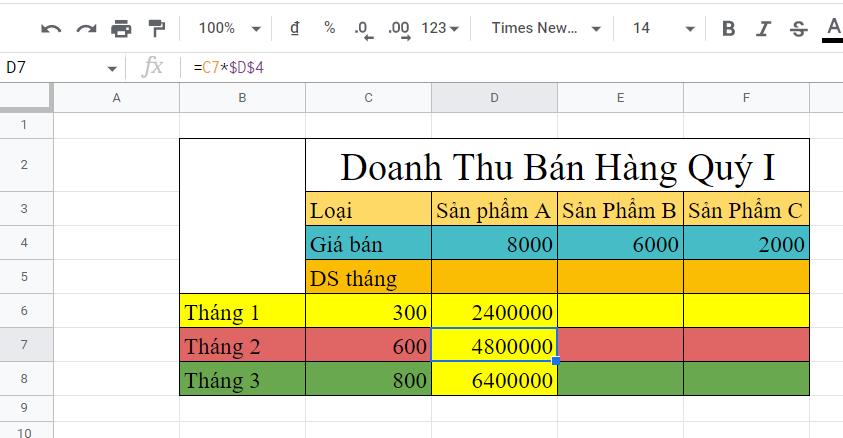 cố định công thức trong google sheet
