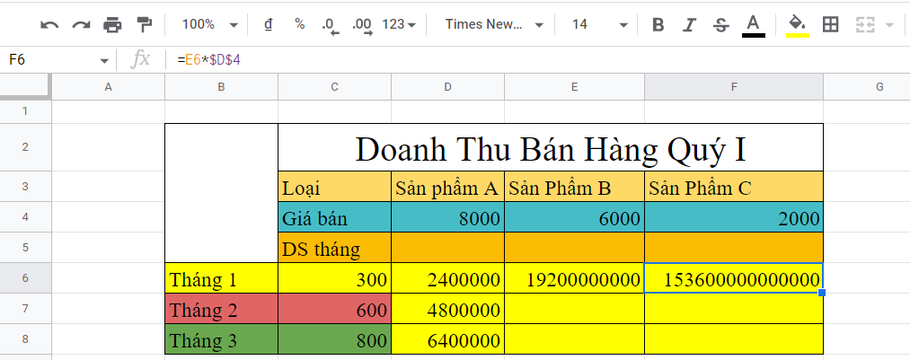 cố định công thức trong google sheet