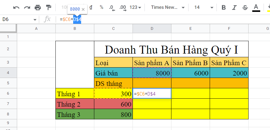 cố định công thức trong google sheet