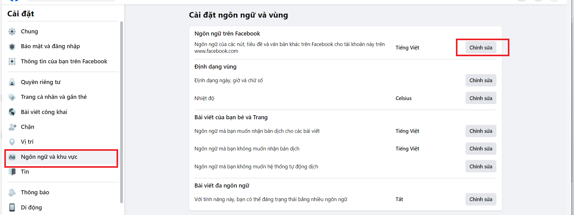 cách thay đổi ngôn ngữ Facebook