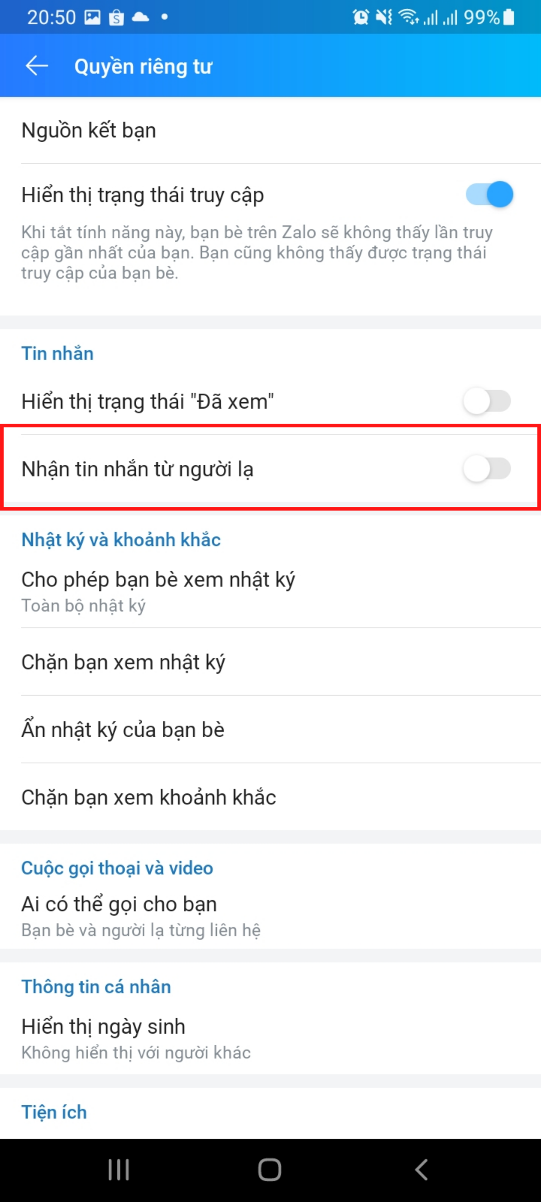cách chặn tin nhắn từ người lạ trên zalo