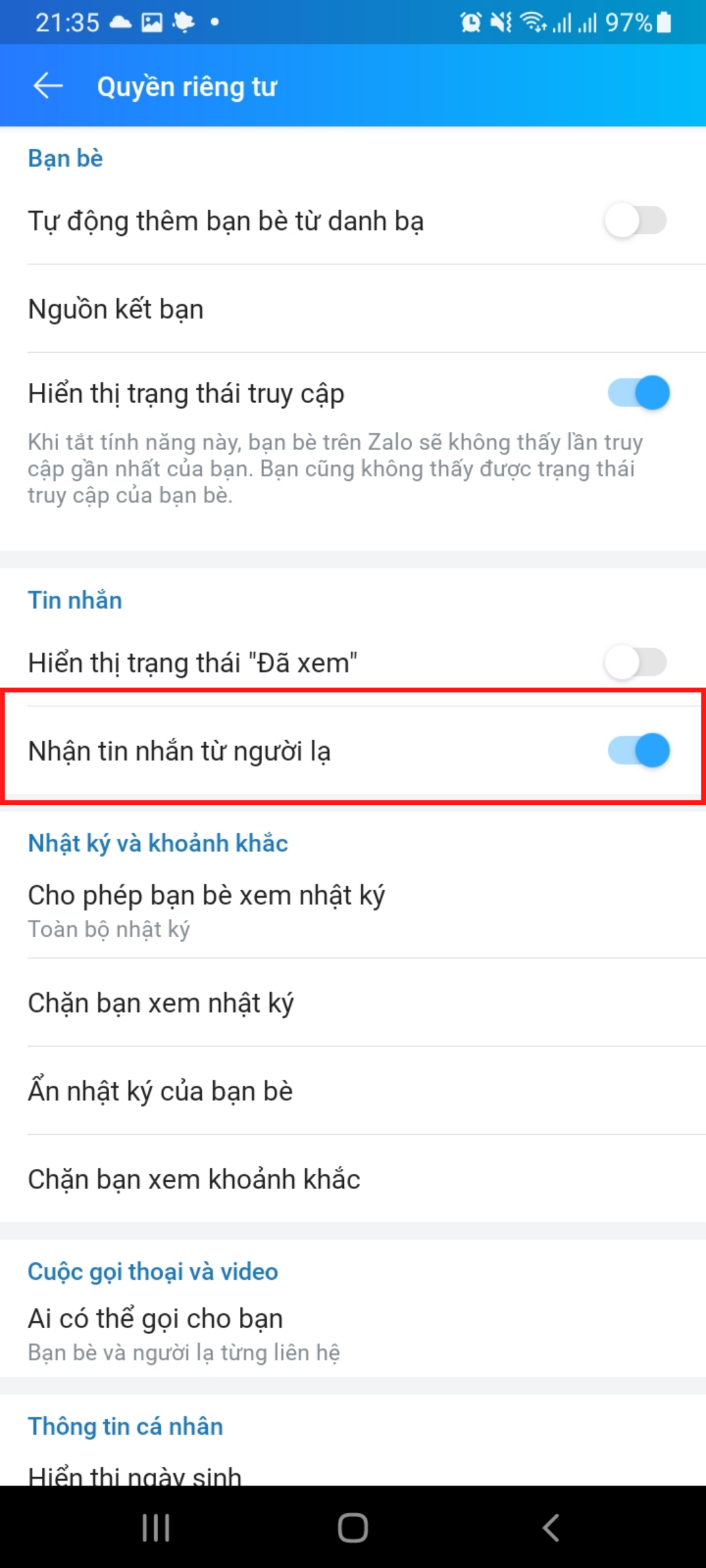 cách chặn tin nhắn từ người lạ trên zalo