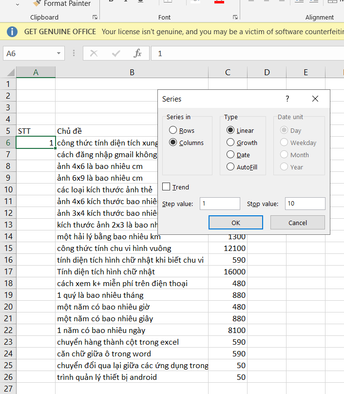 cách điền số thứ tự trong excel