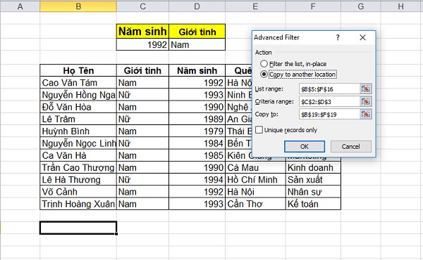 cách tạo filter trong 1 ô excel