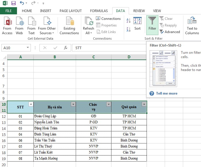 cách tạo filter trong 1 ô excel