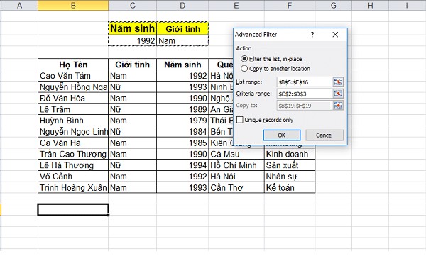 cách tạo filter trong 1 ô excel