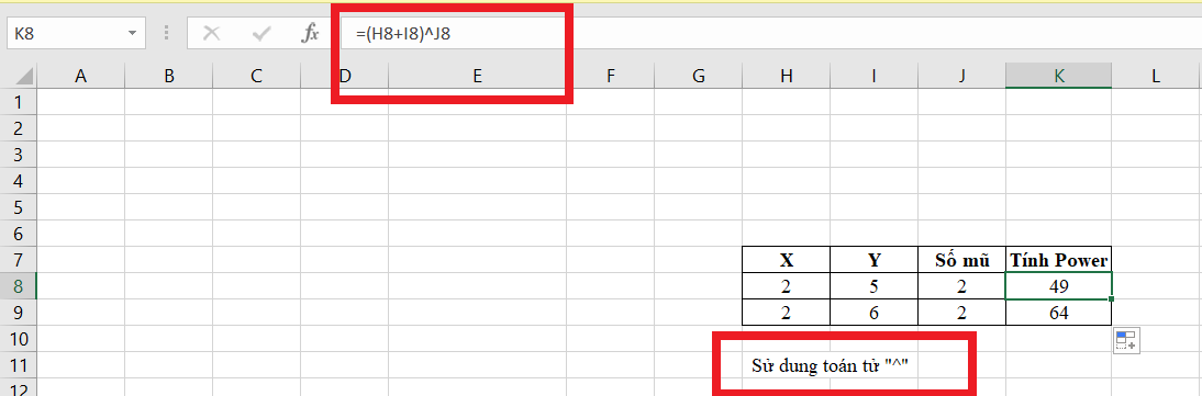 cách tính mũ trong excel