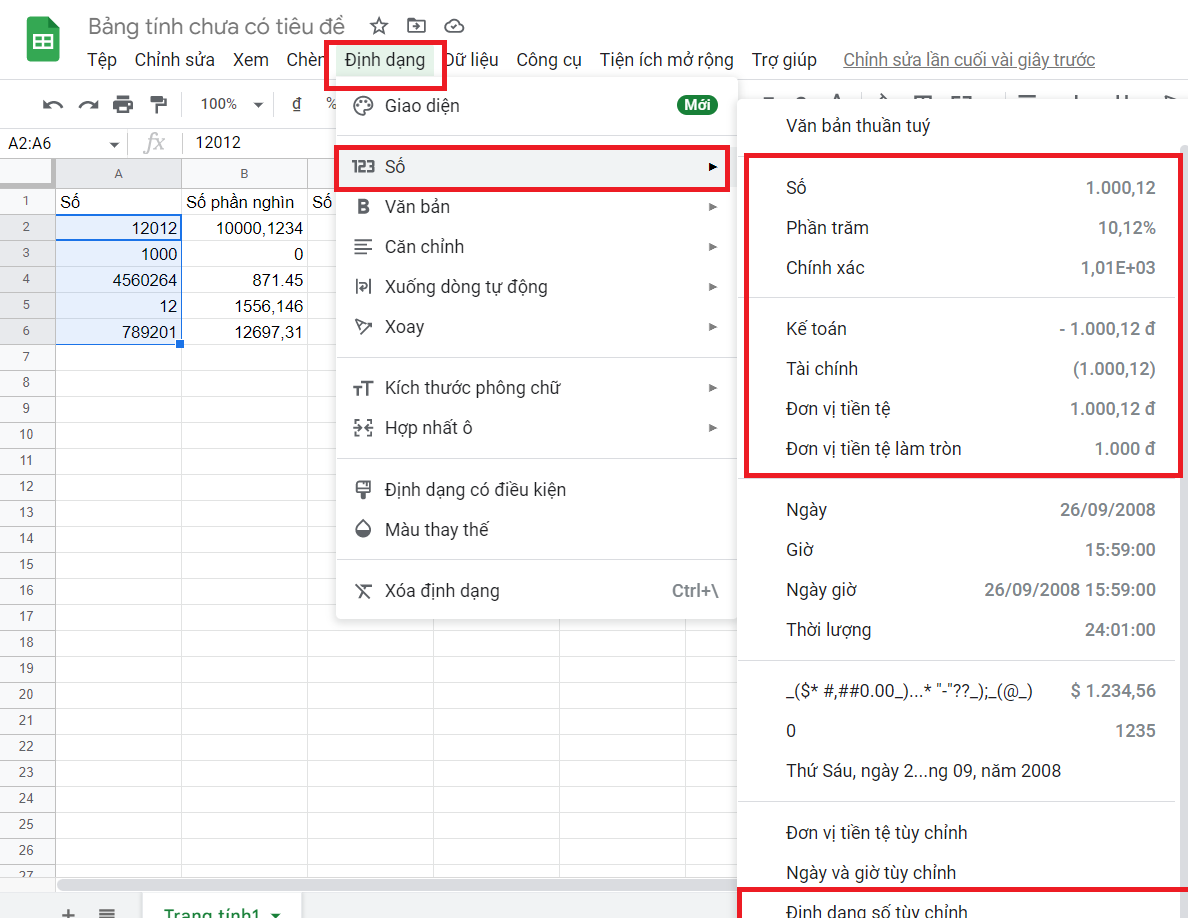 định dạng ngày tháng trong google sheet