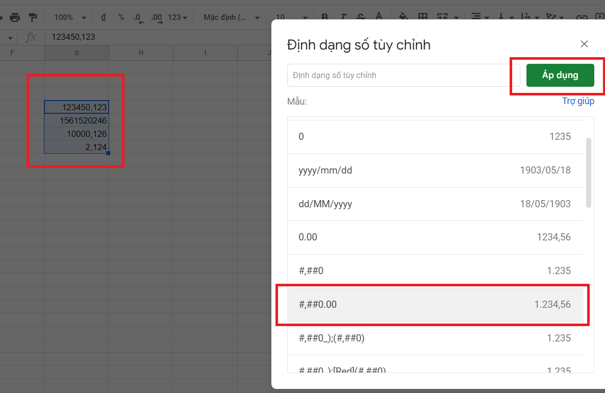 định dạng ngày tháng trong google sheet