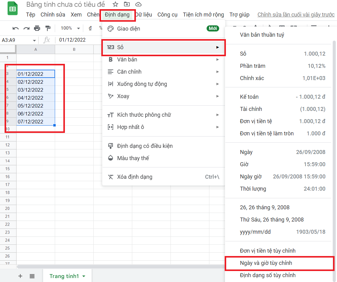 định dạng ngày tháng trong google sheet