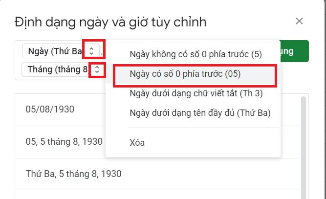 định dạng ngày tháng trong google sheet
