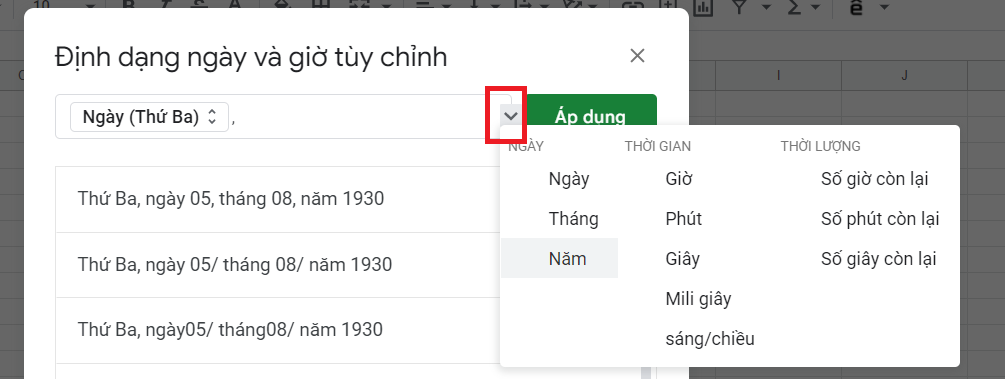 định dạng ngày tháng trong google sheet