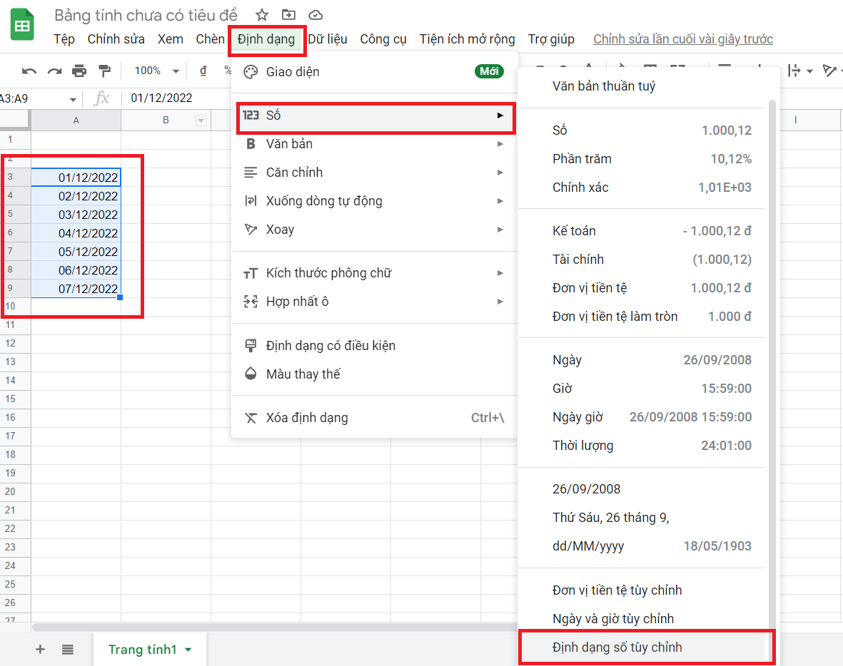 định dạng ngày tháng trong google sheet