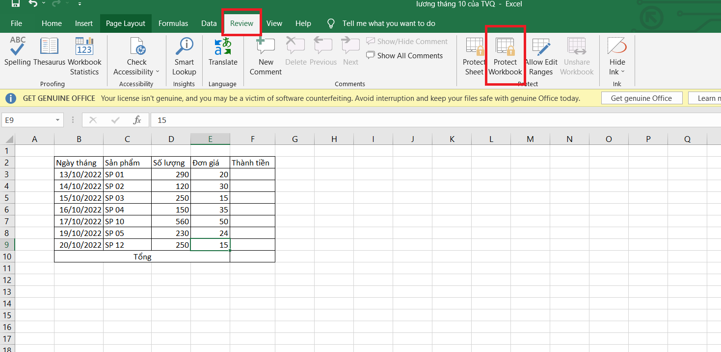 không cho chỉnh sửa trong excel