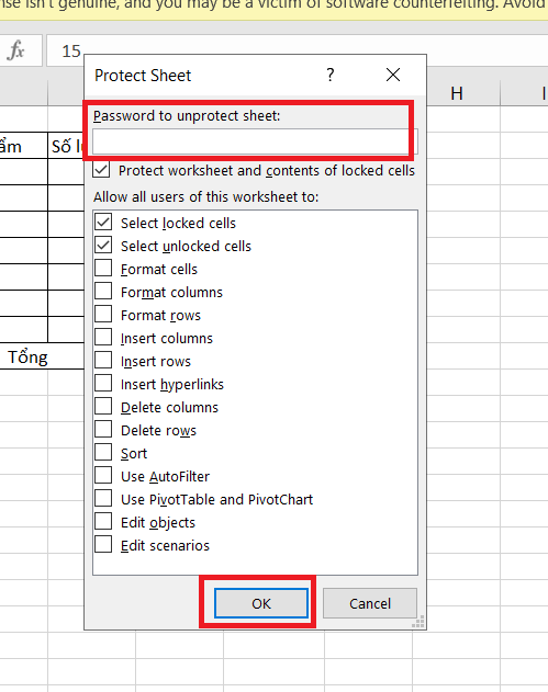 không cho chỉnh sửa trong excel