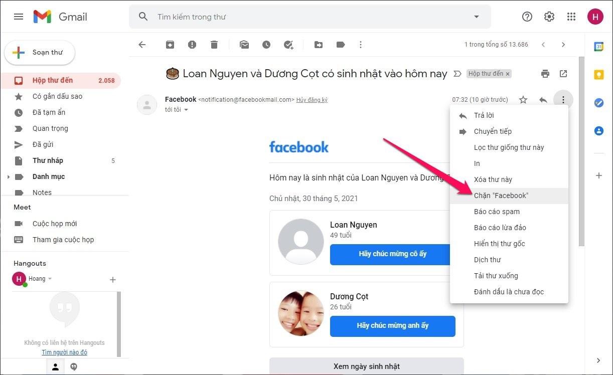làm thế nào để tắt thông báo facebook trên gmail
