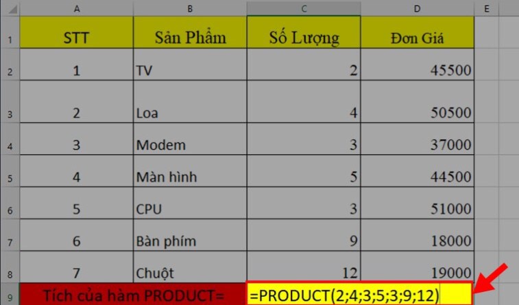hàm nhân trong excel