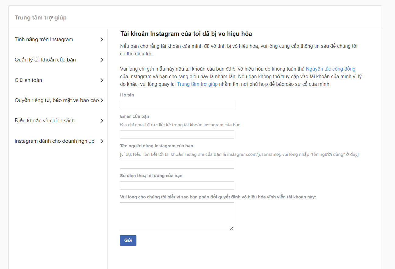 tài khoản instagram bị vô hiệu hóa