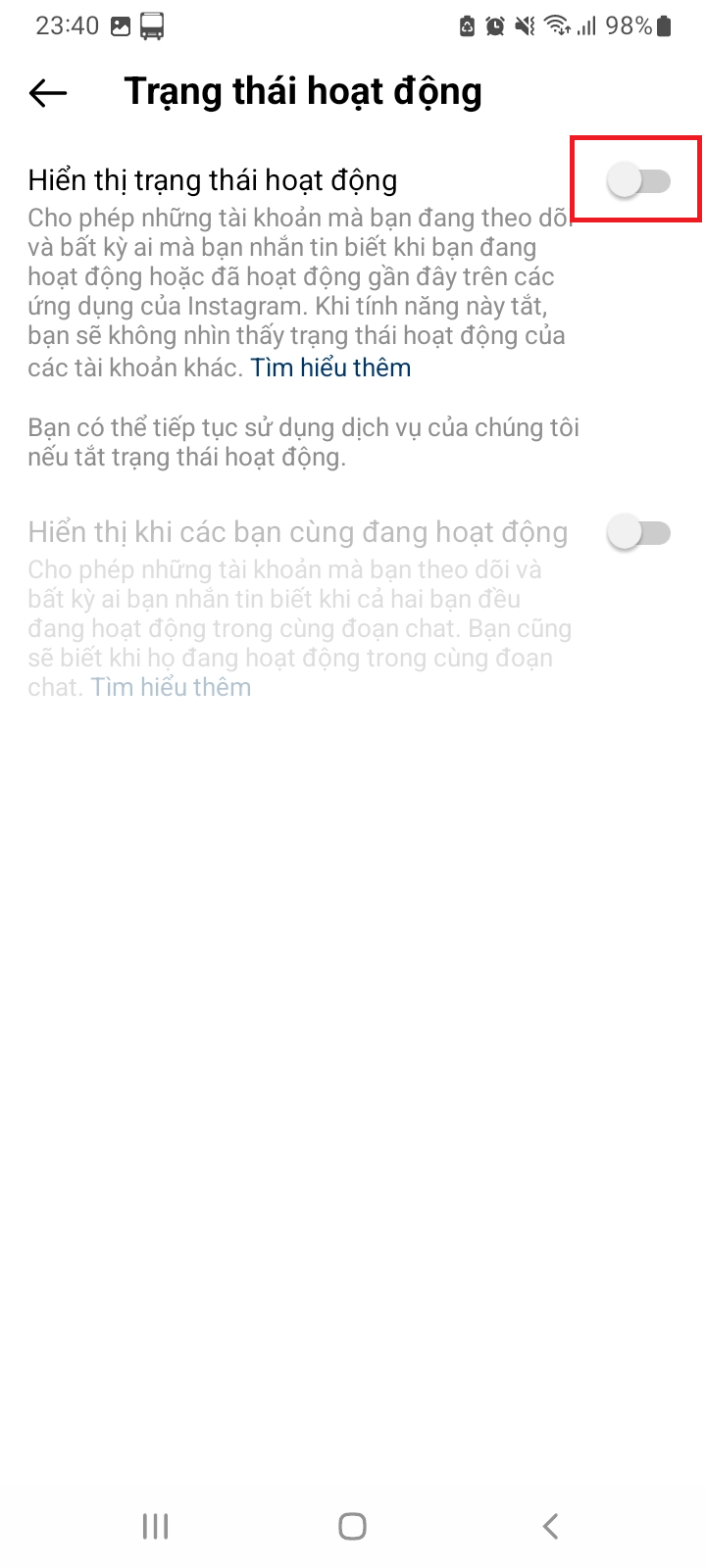 tắt hoạt động instagram