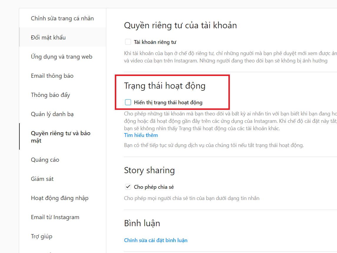tắt hoạt động instagram