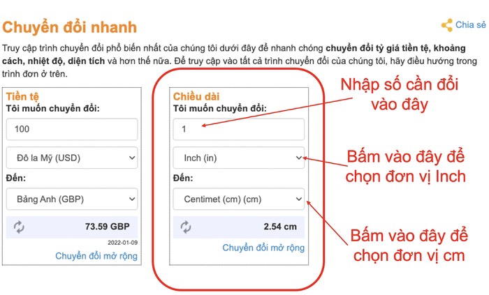 1 inch bằng bao nhiêu cm