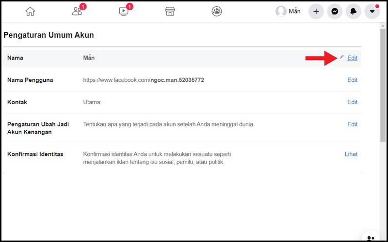 cách đổi tên Facebook 1 chữ