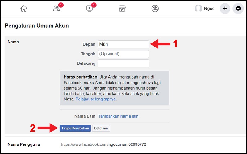 cách đổi tên Facebook 1 chữ