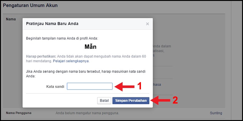 cách đổi tên Facebook 1 chữ