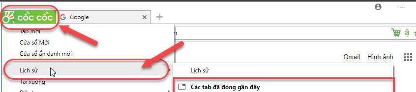 mở lại tab vừa đóng Cốc Cốc