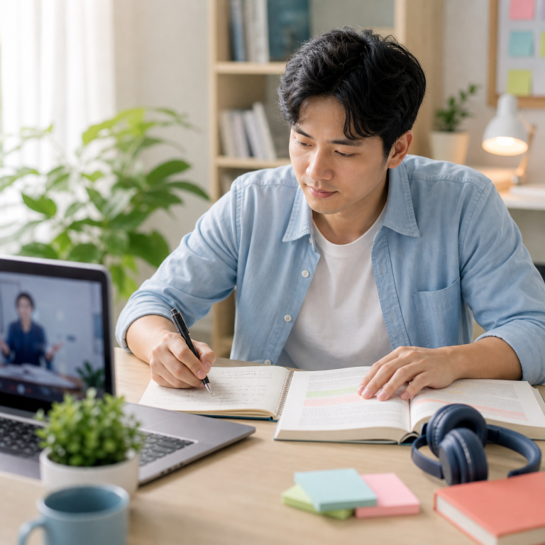 người trẻ học lại tiếng Anh tại bàn học hiện đại