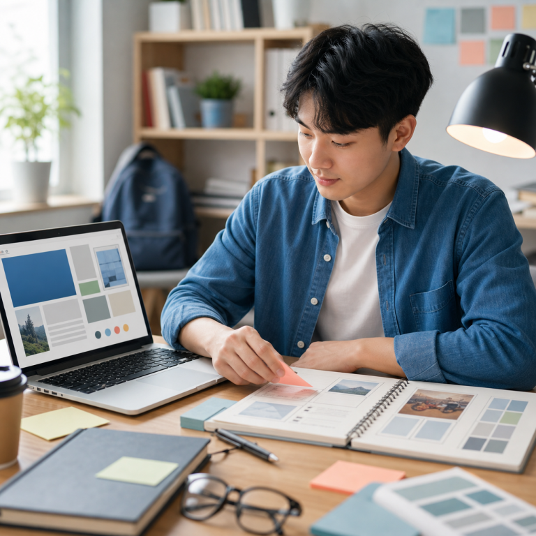 sinh viên xây dựng portfolio cá nhân trên laptop